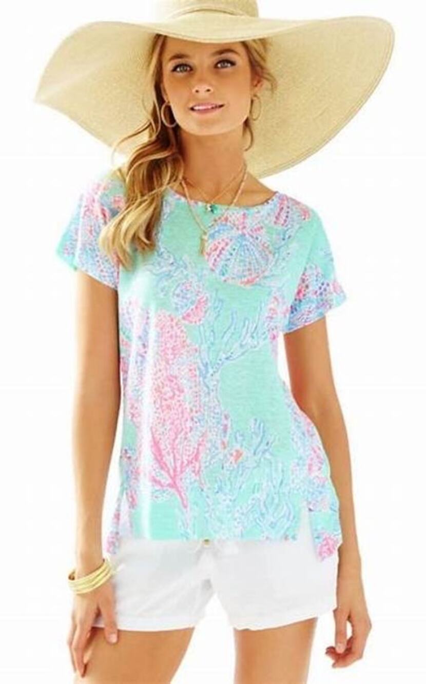 Lilly Pulitzer Mikela Minty Fresh Fansea Print Linen Short Sleeve Top Size XS